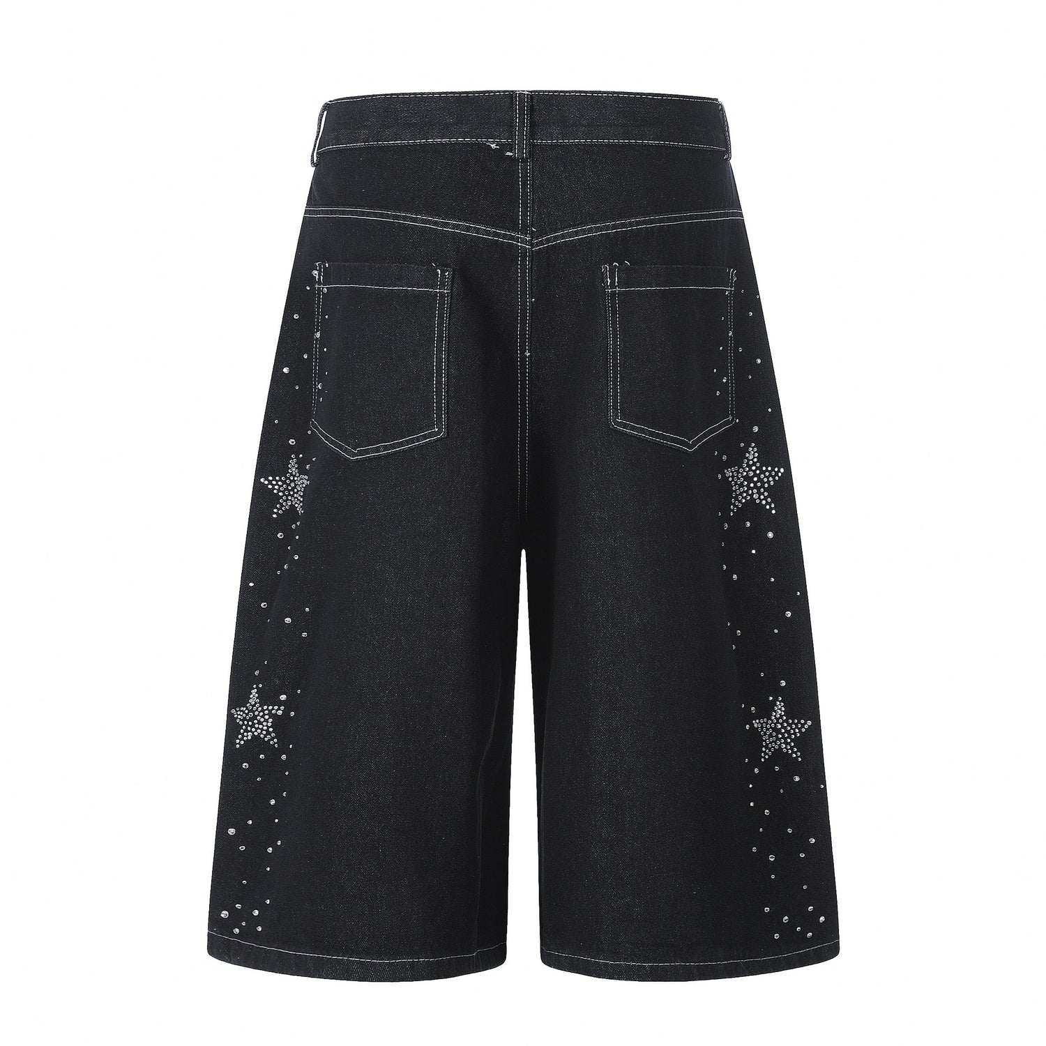 Star-shaped Rhinestone Embellished Capri Denim Shorts Womens Loose-fit