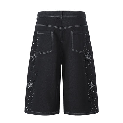 Star-shaped Rhinestone Embellished Capri Denim Shorts Womens Loose-fit