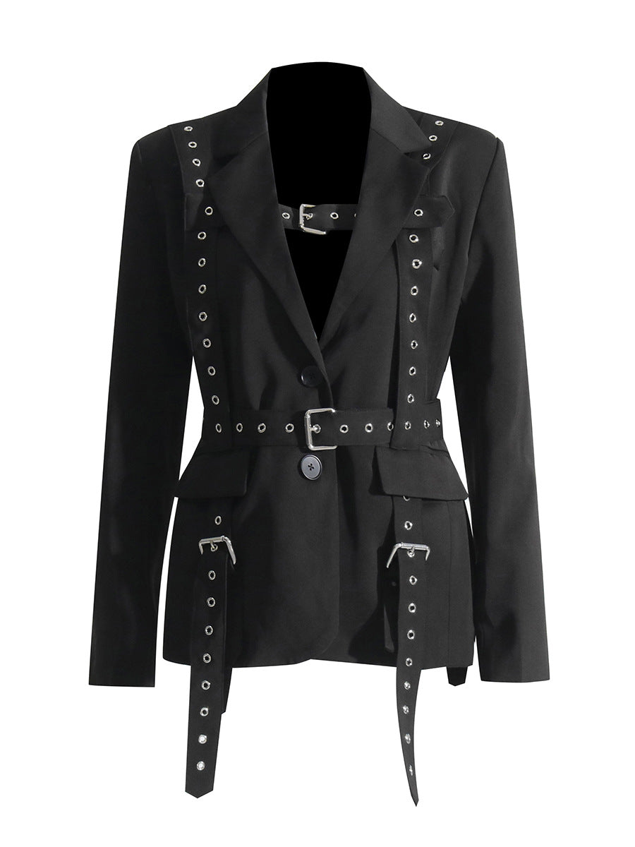Fashionable Temperament Rivet Buckle Decorative Design Tight Waist Slimming Suit Coat Women&