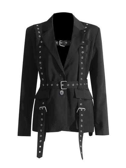 Fashionable Temperament Rivet Buckle Decorative Design Tight Waist Slimming Suit Coat Women&