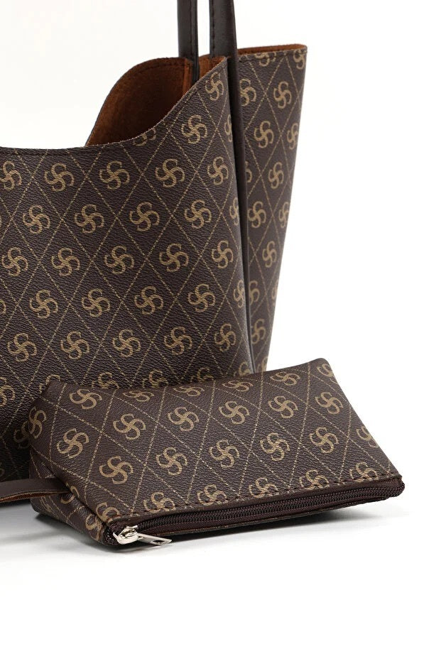 3in1 Monogram Brown Faux Leather Women Hand And Shoulder Bag With Wallet and Makeup Bag