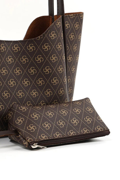 3in1 Monogram Brown Faux Leather Women Hand And Shoulder Bag With Wallet and Makeup Bag