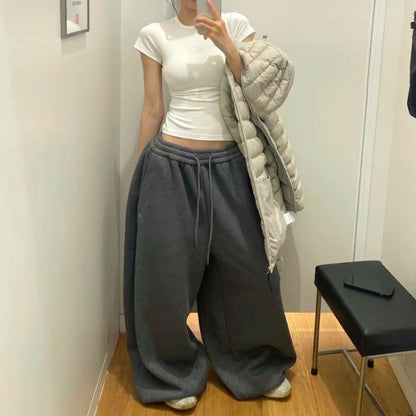 Retro Laid-back Style Casual Sweatpants Wide-leg Loose-fit