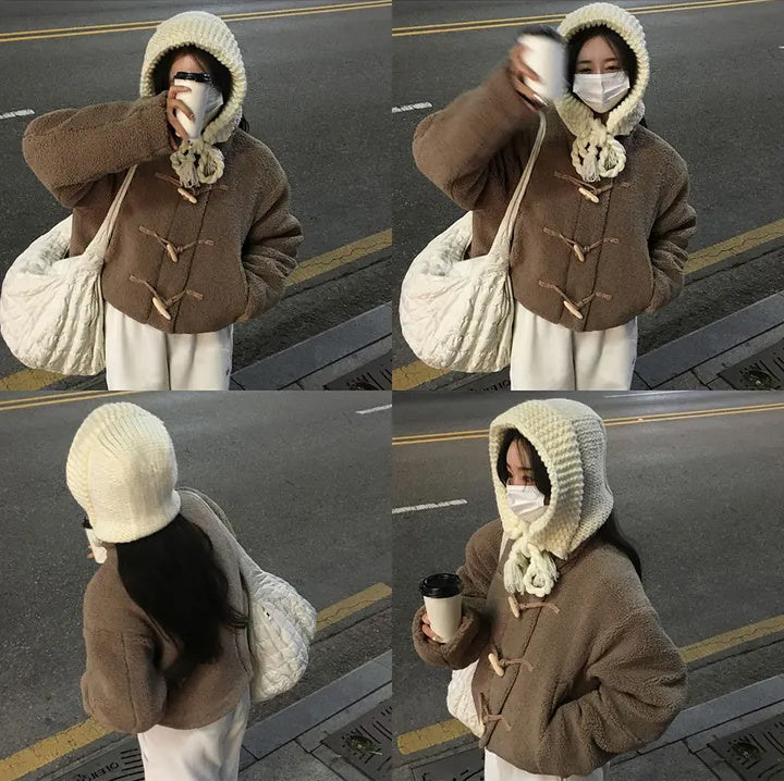 Horn Button Furry Coat Women&