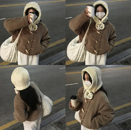Horn Button Furry Coat Women&