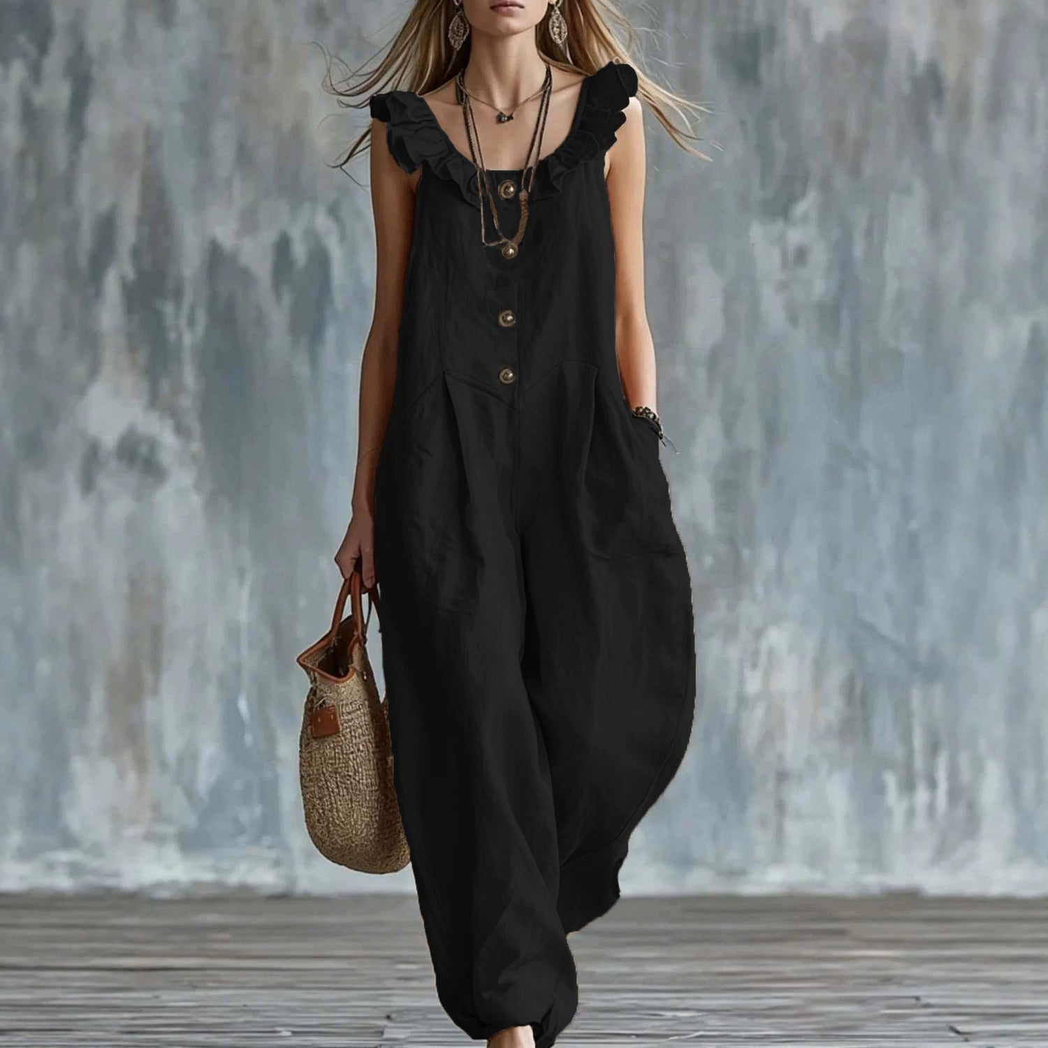 Womens Solid-Colored Sleeveless Button-Down Jumpsuit
