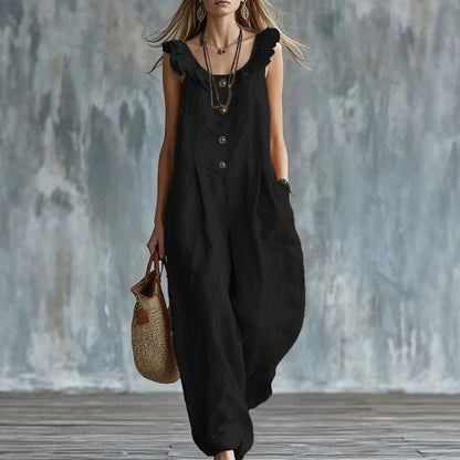 Womens Solid-Colored Sleeveless Button-Down Jumpsuit