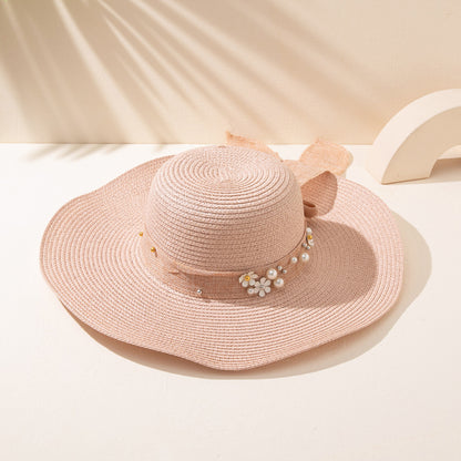 Summer Fashion Flower Linen Straw Hat Wide Brim Sunshade Japanese Style