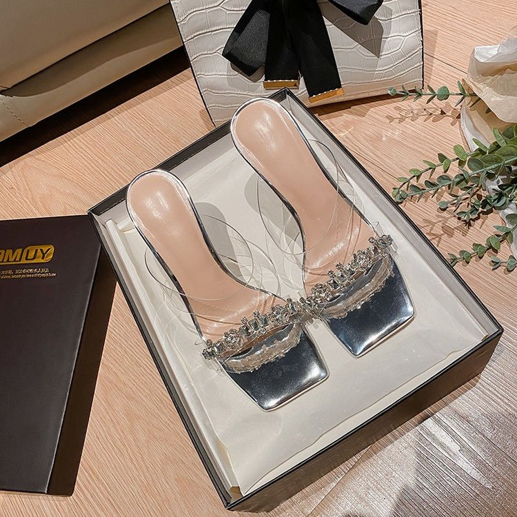Square Sandals, Transparent Rhinestone High Heels, Open Toed Sandals, Women&