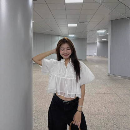 Stand-up Collar Puff Sleeves Fitted Waist Single-breasted Short Sleeves