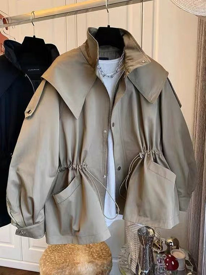 Lapel Hooded Trench Coat Coat Waist-tight Slimming Sense Of Design