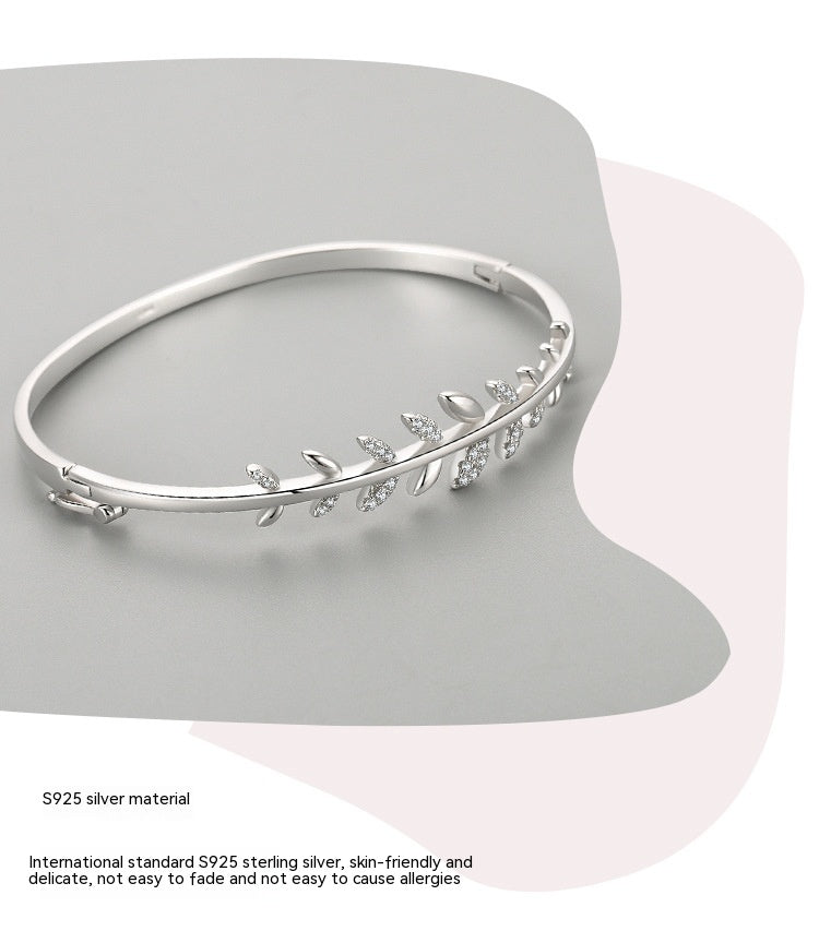 S925 Silver Bracelet Female Leaf Oval Bracelet Open-ended Bracelet
