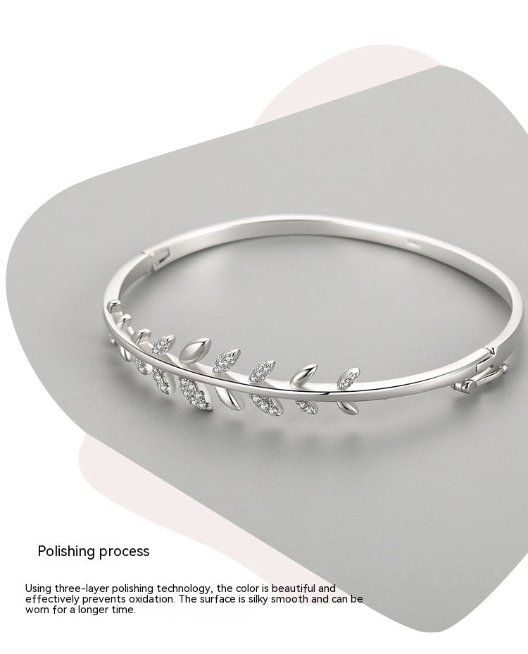 S925 Silver Bracelet Female Leaf Oval Bracelet Open-ended Bracelet
