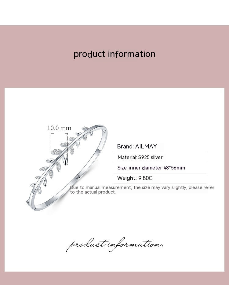 S925 Silver Bracelet Female Leaf Oval Bracelet Open-ended Bracelet