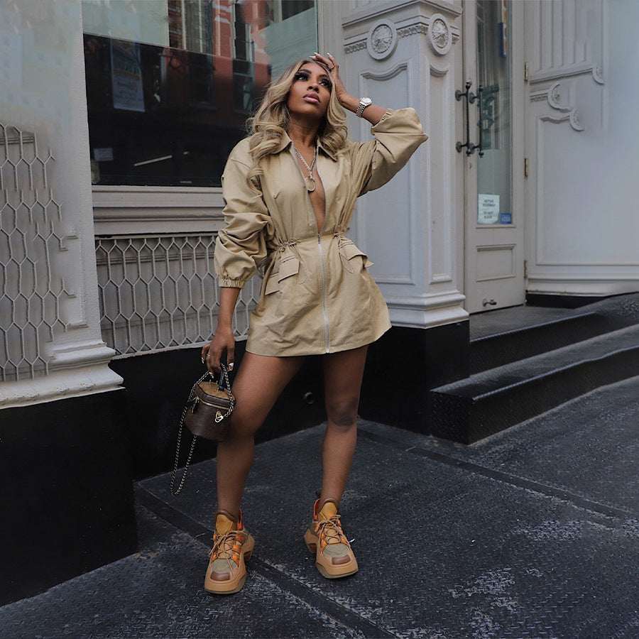 Drawstring Waist Mid-length Trench Coat For Women