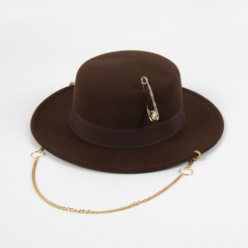 Female Felt Cap Pin Chain Decoration Flat Top Hat