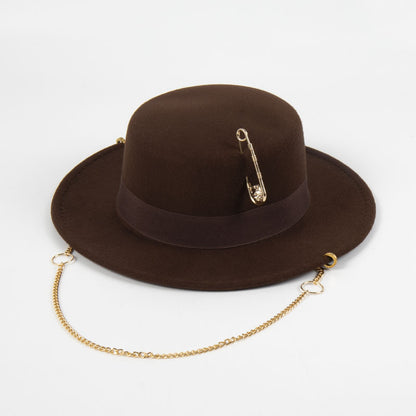 Female Felt Cap Pin Chain Decoration Flat Top Hat