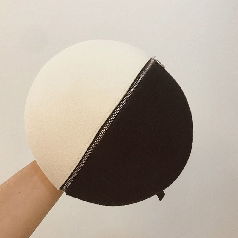 Black and white wool felt hat with zipper and beret