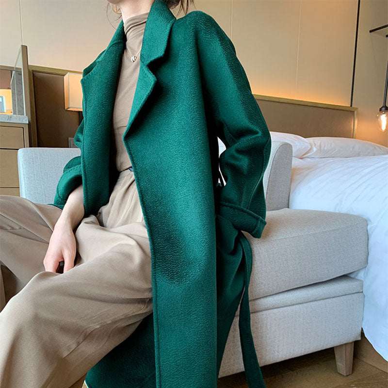 Long Lace-up Waist Woolen Woolen Coat