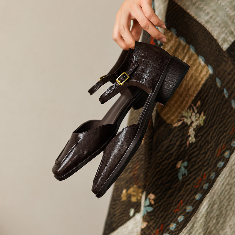 Handmade Full-Grain Sheepskin Mary Jane Sandals, Vintage Square Toe Low Block Heel Shoes