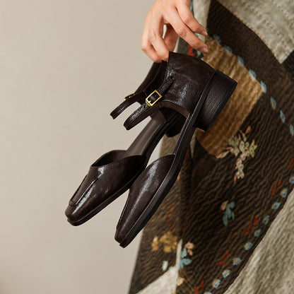Handmade Full-Grain Sheepskin Mary Jane Sandals, Vintage Square Toe Low Block Heel Shoes