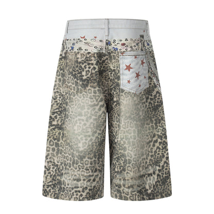 Retro Leopard-Print Wide-Leg Cropped Denim Pants Womens Loose Casual Style