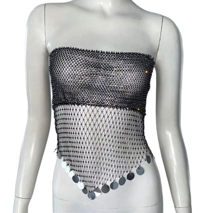 Strap Fishnet Rhinestone Top Tube Top