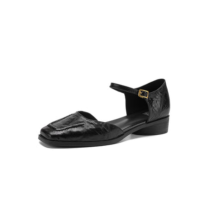 Handmade Full-Grain Sheepskin Mary Jane Sandals, Vintage Square Toe Low Block Heel Shoes