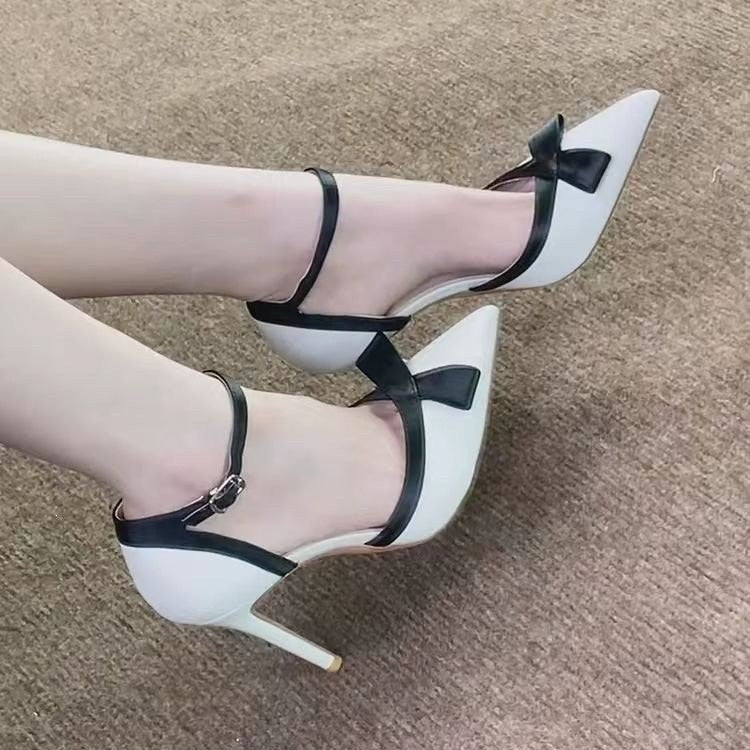 French-style Chic Little Black Dress Pointed-toe Bow High Heel