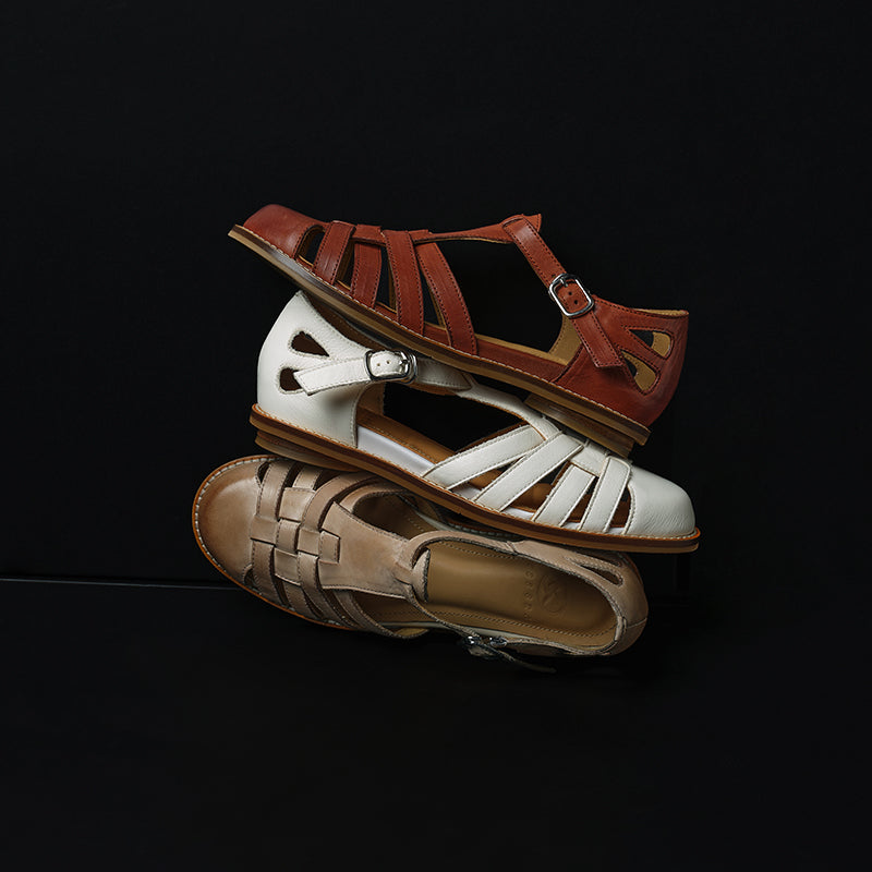 Premium Washed Full Grain Leather Fisherman Sandals, Closed-Toe Woven T-Strap Flats