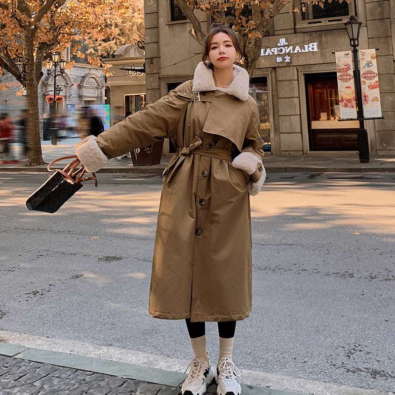 New Style Over-knee Lapel Waist Fashionable Cotton Coat