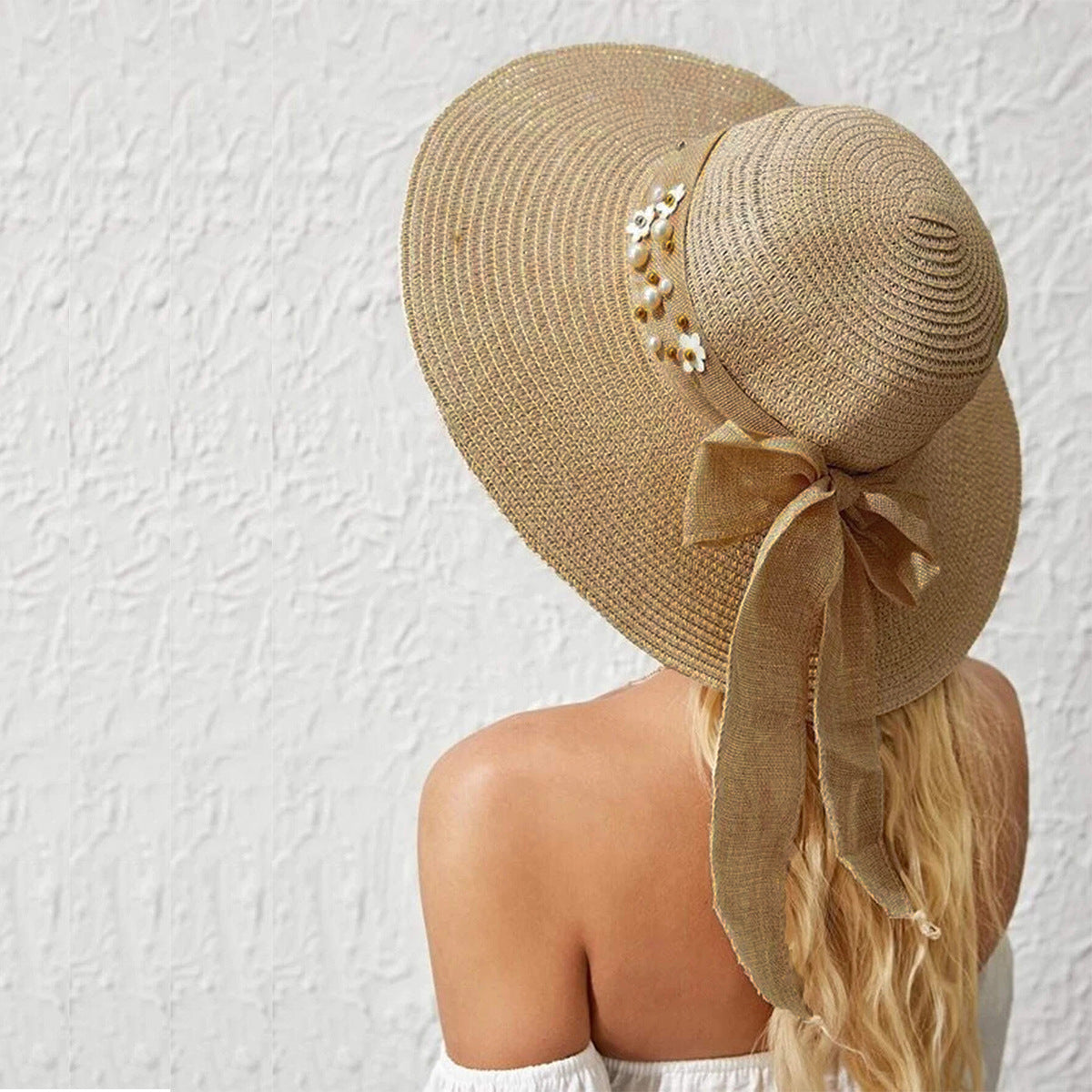 Summer Fashion Flower Linen Straw Hat Wide Brim Sunshade Japanese Style