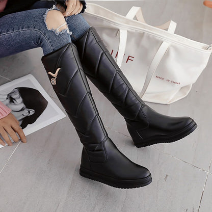 Solid Color Mid-heel Korean Thick Warm High-top Boots