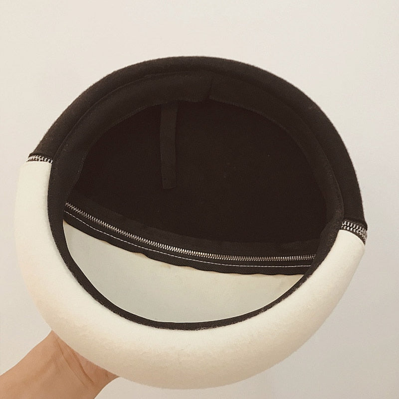 Black and white wool felt hat with zipper and beret