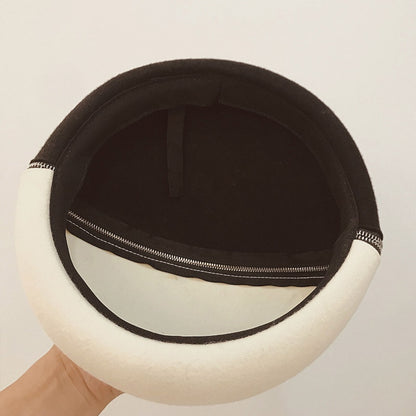Black and white wool felt hat with zipper and beret