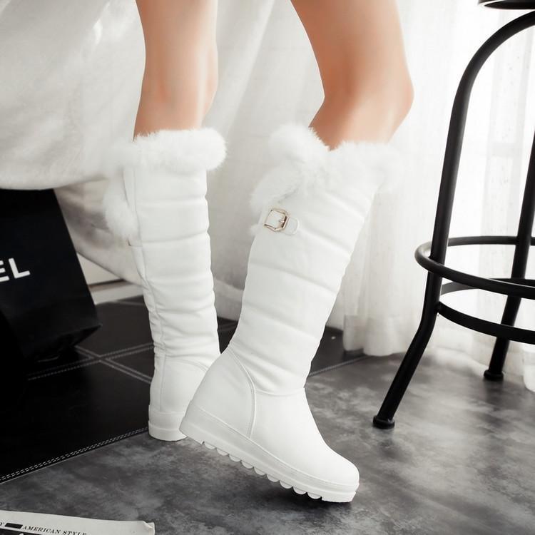 Metal Buckle Rabbit Fur Platform Flat Heel High Boots