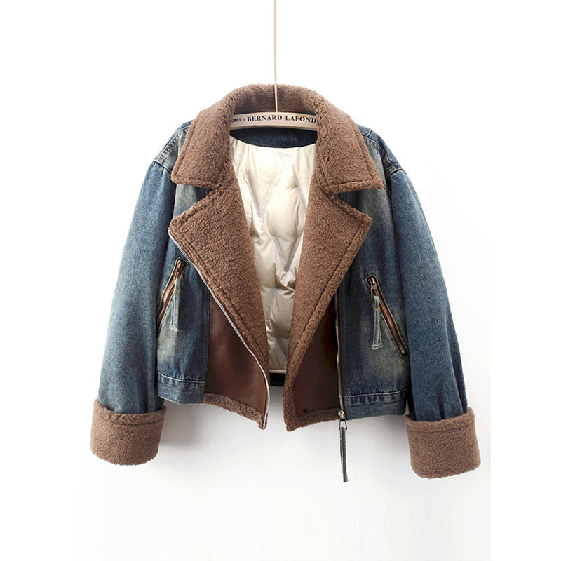 Lamb Wool Stitching Lightweight Down Liner Fleece-lined Denim Coat Women&