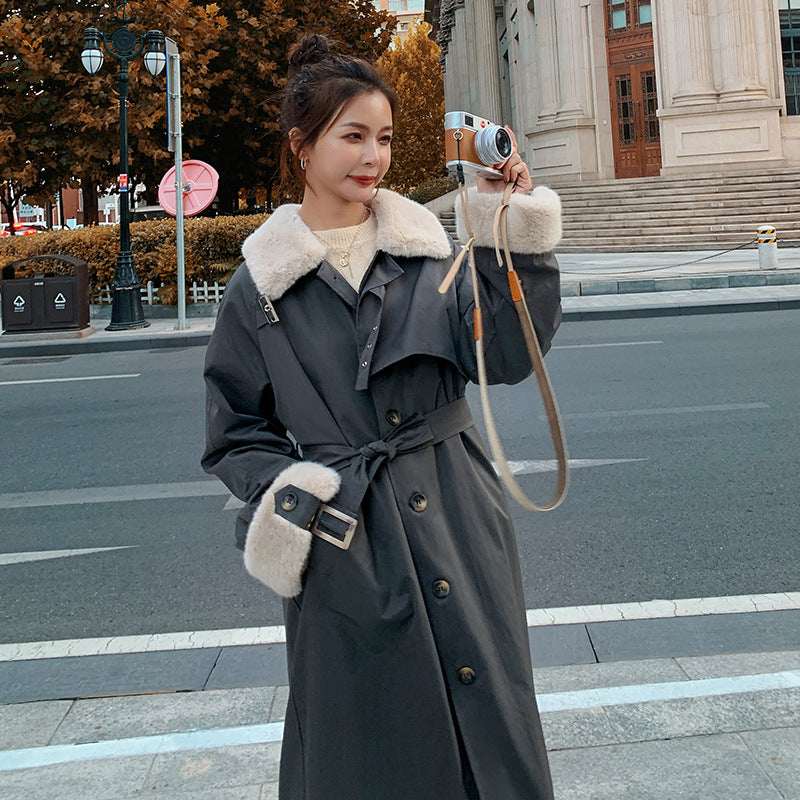 New Style Over-knee Lapel Waist Fashionable Cotton Coat
