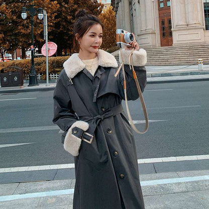 New Style Over-knee Lapel Waist Fashionable Cotton Coat