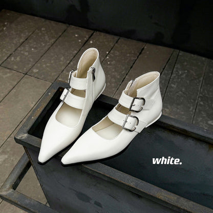 Handmade Full-Grain Leather Mary Jane Ankle Boots, Pointed Toe Double Buckle Low Heel Booties