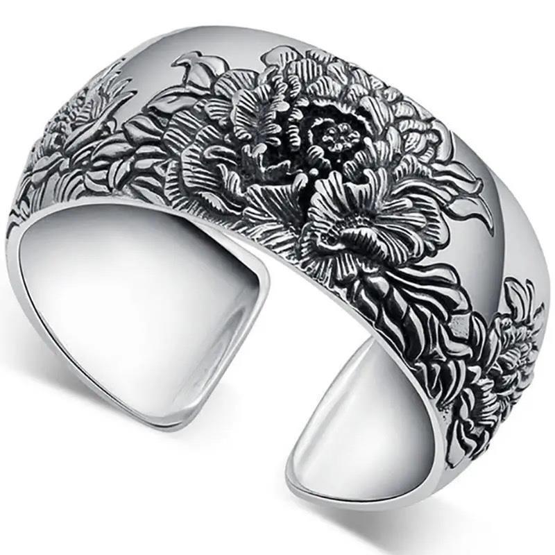 Womens Wide Retro Peony Blossom Wealth And Prosperity Open Bangle