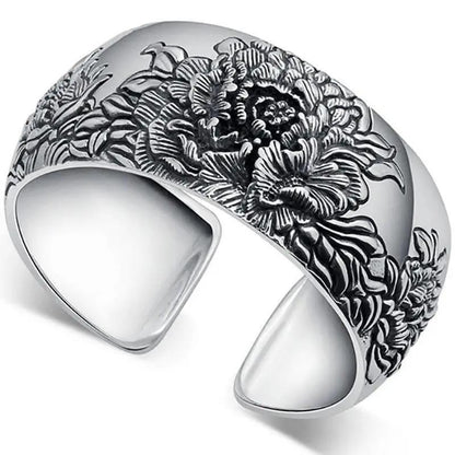 Womens Wide Retro Peony Blossom Wealth And Prosperity Open Bangle