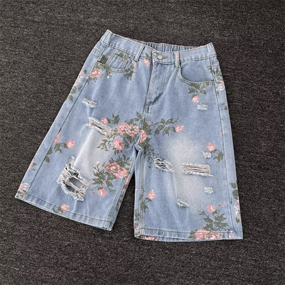 Summer Retro Floral Print Ripped Denim Shorts