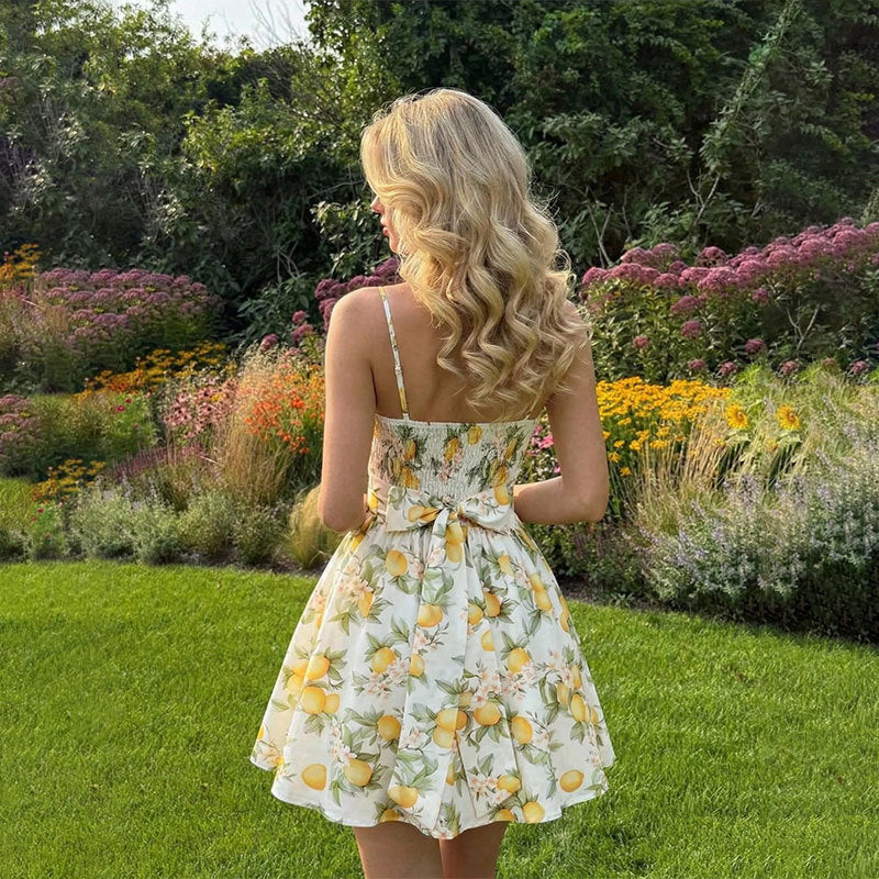 Womens Lemon Floral Slip Dress With Waist-Cinching Design Open Back And Bow For Vacation