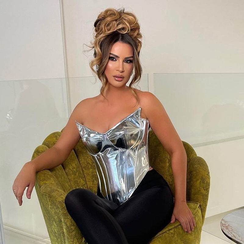 Solid Color Leather Glossy Sleeveless Tube Top Top