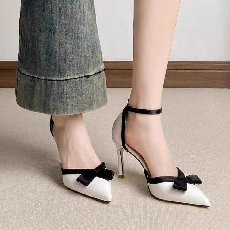 French-style Chic Little Black Dress Pointed-toe Bow High Heel