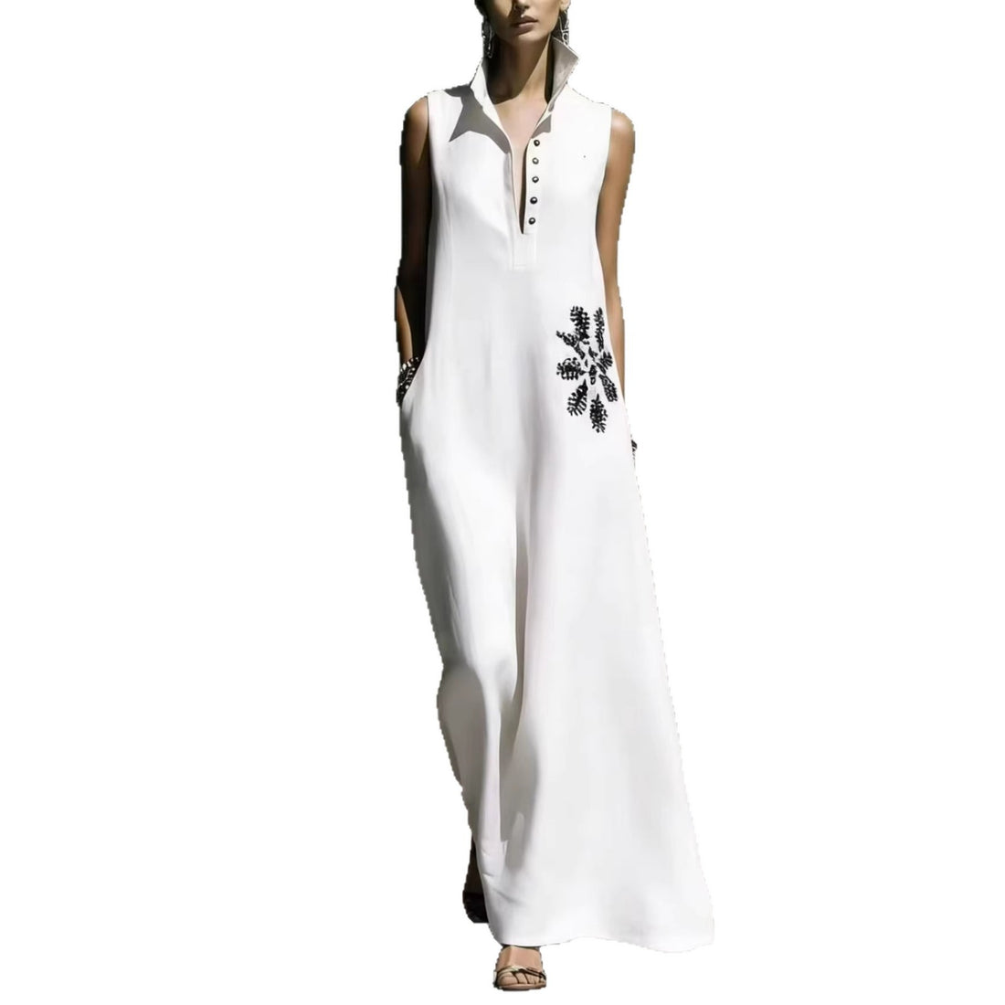 Heat-transfer Graphic Pocket Casual Mandarin-collar Cotton-linen Dress