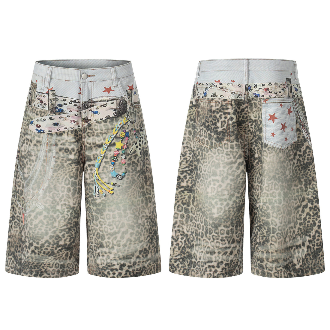Retro Leopard-Print Wide-Leg Cropped Denim Pants Womens Loose Casual Style