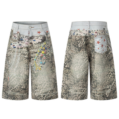 Retro Leopard-Print Wide-Leg Cropped Denim Pants Womens Loose Casual Style