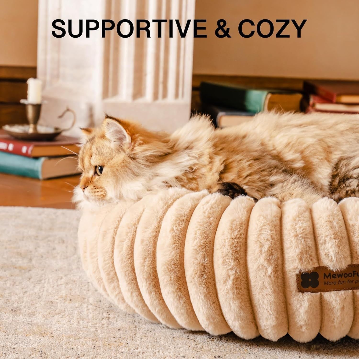MEWOOFUN Donut Cat Bed - Washable Round Pet Bed For Indoor Cats &amp; Kittens, Fluffy Non-Slip Calming Bed For Small Dogs, Light Brown
